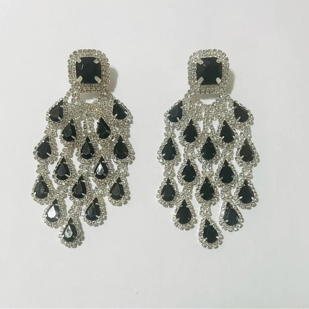 🔥🔥🔥High End Large Black Crystal Rhinestone Chandelier Drop Earrings - Picture 6 of 6